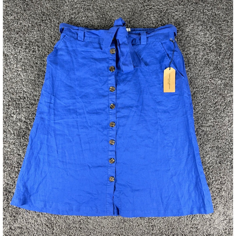 Christian Siriano New York Blue 100% Linen Button Front Midi Skirt Large NWT